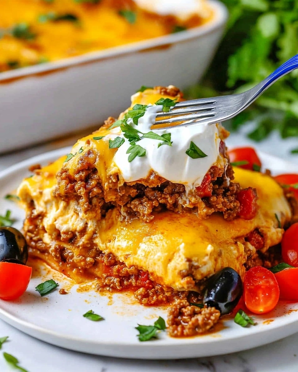 The image shows a stack of three layers of crispy taco shells filled with cooked ground meat and melted yellow cheese on top. On the top layer, there is a dollop of white sour cream, with small red tomato pieces and sliced black olives scattered around it. Green chopped herbs are sprinkled over the cheese, adding a fresh color. The plate is white and sits on a white marbled surface. There is a glass bowl with whole black olives blurred in the background. photo taken with an iphone --ar 4:5 --v 6.1