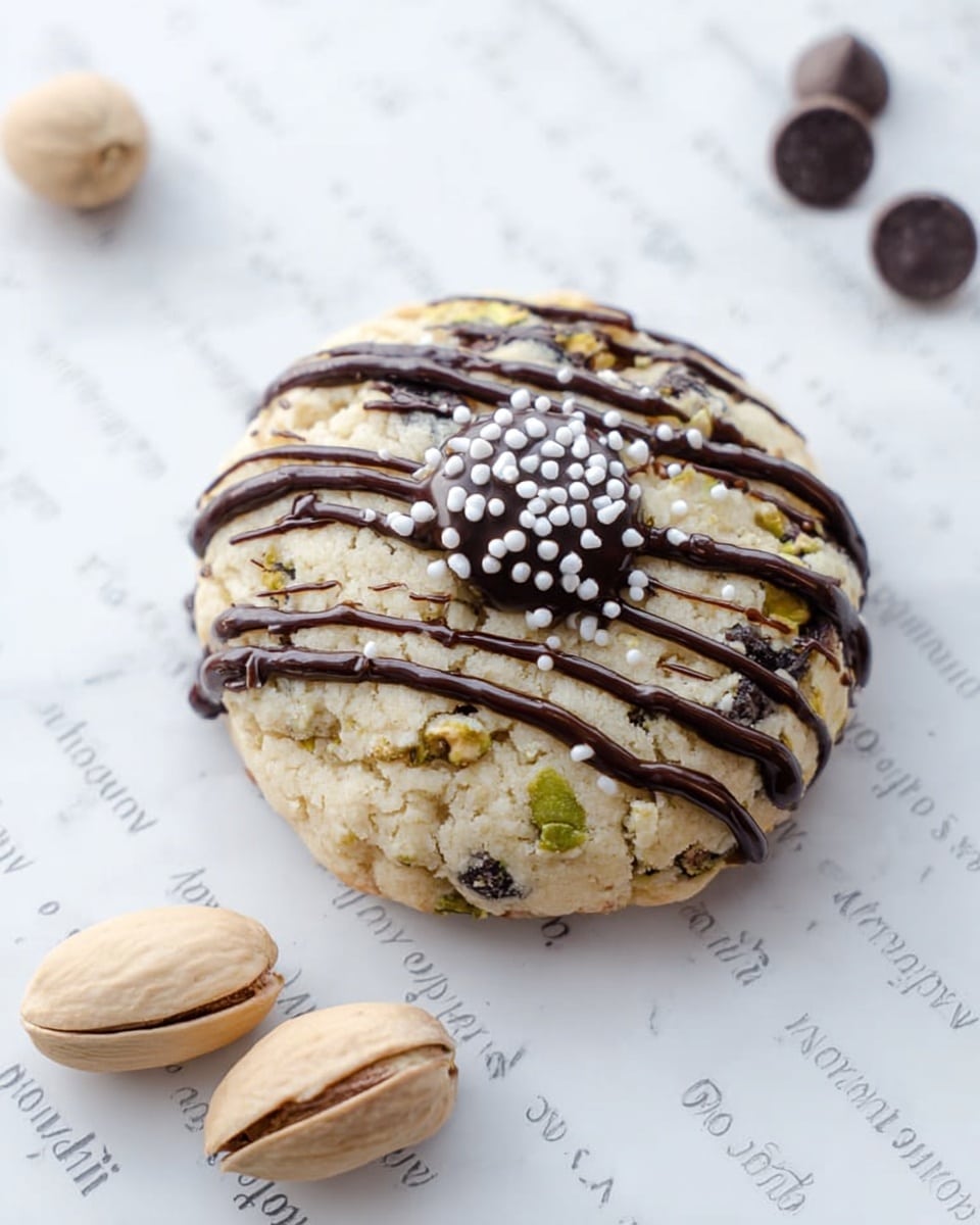 This image shows a close-up of thick, round cookies in a white box lined with red and white striped paper. Each cookie has a light beige color with visible small dark chocolate chips and nuts mixed inside. On top, there are uneven layers of dark chocolate drizzled over the cookies, with some areas fully covered in chocolate. Tiny white round sprinkles are scattered over the chocolate drizzle, adding texture. The cookies are stacked close together, filling the box. The background surface is a white marbled texture. Photo taken with an iphone --ar 4:5 --v 7
