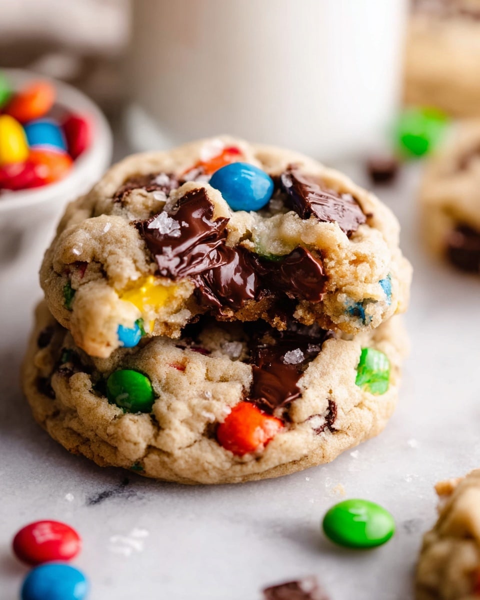 The image shows a close-up of two thick cookies stacked slightly on a white marbled surface. Each cookie is light golden brown with a rough, soft texture and is dotted with colorful candy-coated chocolates in red, green, blue, orange, and yellow. Large dark chocolate chunks are melted and unevenly spread across the cookies, adding a rich contrast to the lighter dough. The cookies appear soft and moist, with bits of salt sprinkled on top, enhancing the texture. Some colorful candies are scattered around the cookies on the white marbled surface. In the blurred background, more colorful candies and parts of what looks like a white plate or cups are visible. photo taken with an iphone --ar 4:5 --v 7