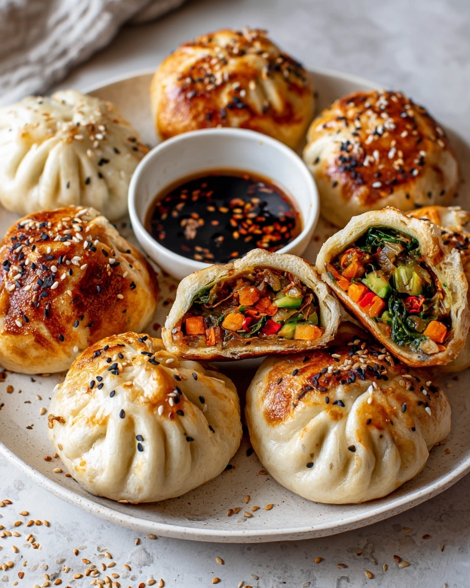 A white plate holds several round, golden-brown buns topped with sesame seeds and green garnish. One bun is sliced in half, showing layers of colorful filling inside with green leafy vegetables, orange shredded carrots, and small red pieces arranged neatly. The buns have a soft, slightly shiny texture. A small bowl of dark soy sauce with green onion slices floats on the surface, placed inside the plate near the buns. A red chili pepper lies on the edge of the plate. The plate rests on a white marbled surface with scattered sesame seeds and green herbs around it. A fork is placed on the side of the plate, and a woman's hand holds one bun in the lower right corner. photo taken with an iphone --ar 4:5 --v 7