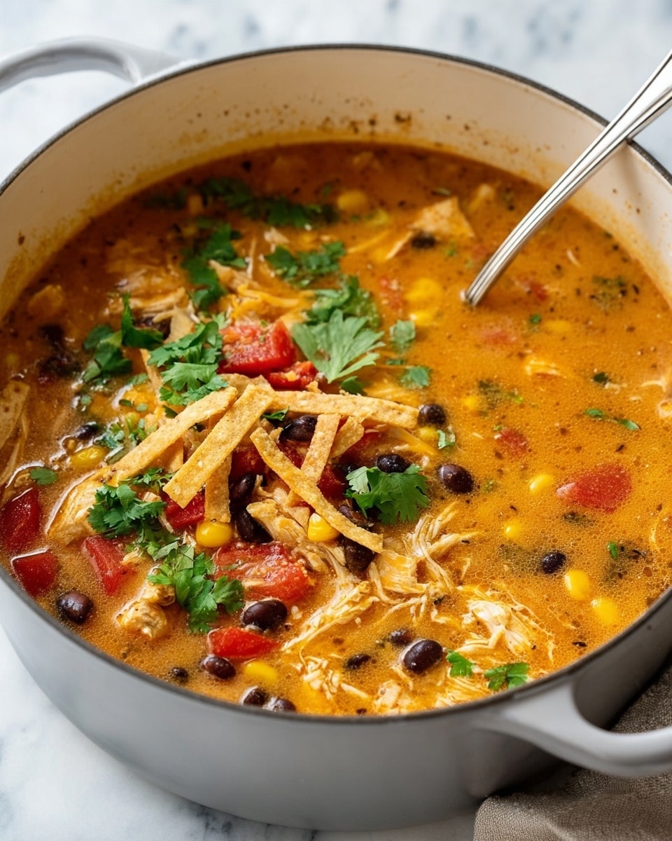 A close-up view of a soup in a white pot with a gray handle on a white marbled surface. The soup has a thick warm orange broth filled with chunks of shredded chicken, black beans, corn kernels, and diced red tomatoes. On top are small crispy golden tortilla strips scattered along with some bright yellow shredded cheese and fresh green cilantro leaves. A silver spoon rests inside the pot, partially submerged in the soup. Photo taken with an iphone --ar 4:5 --v 7
