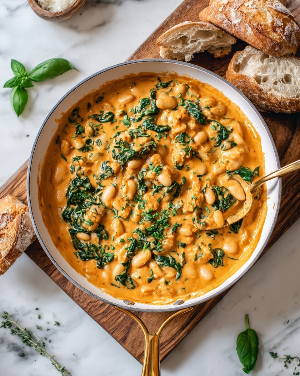 A white bowl filled with creamy orange gnocchi mixed with green spinach leaves and small pieces of brown mushrooms. The sauce is thick and covers the gnocchi well, with scattered bits of red chili flakes and chopped fresh green herbs on top. Two slices of toasted white bread are placed on opposite sides inside the bowl, partly dipped in the sauce. The bowl sits on a wooden board with a few green basil leaves and more bread pieces around it. The background is a white marbled surface. photo taken with an iphone --ar 4:5 --v 7
