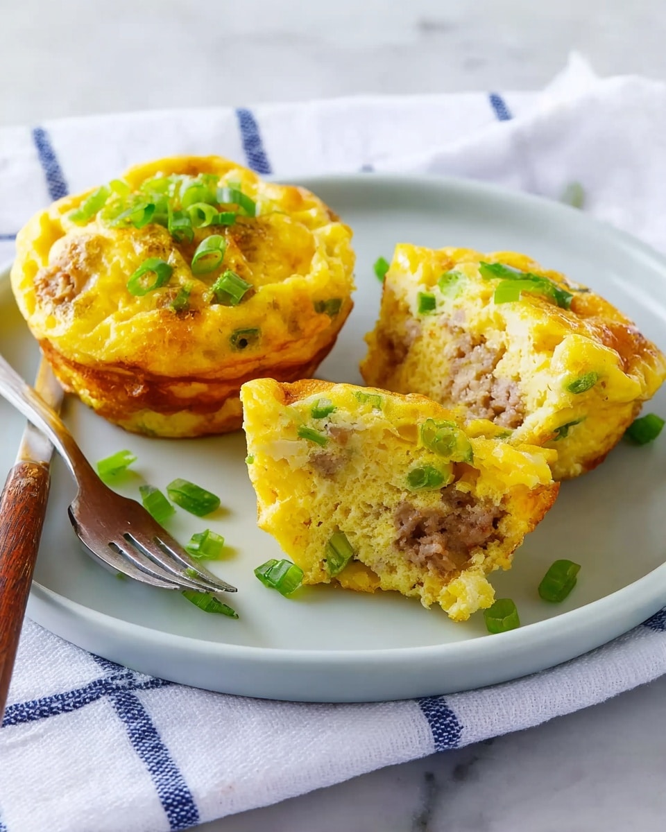 The image shows two egg muffins on a white plate, one whole and one cut in half. The muffins have a golden yellow color with a slightly browned top and visible green onion pieces mixed inside. The texture looks soft and fluffy with small bits of cooked meat or sausage spread within the layers of egg. There are some fresh green onion pieces sprinkled on and around the muffins. A silver fork with a wooden handle rests on the plate’s edge. The plate is placed on a white marbled surface with a folded white cloth with blue stripes nearby. photo taken with an iphone --ar 4:5 --v 7