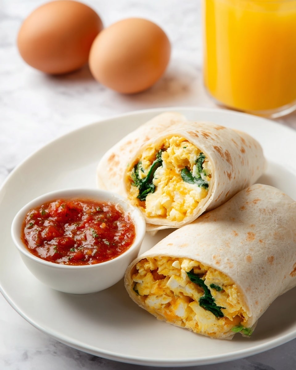 The image shows a white tortilla wrap cut in half, placed on a white plate with a white marbled background. Inside the wrap, there are layers of fluffy scrambled eggs with a light yellow color, mixed with green spinach leaves and hints of melted orange cheese. The wrap is soft and lightly browned in some spots. In the background, there is a glass of orange juice and part of a white bowl with a red sauce, both slightly out of focus. Photo taken with an iphone --ar 4:5 --v 7