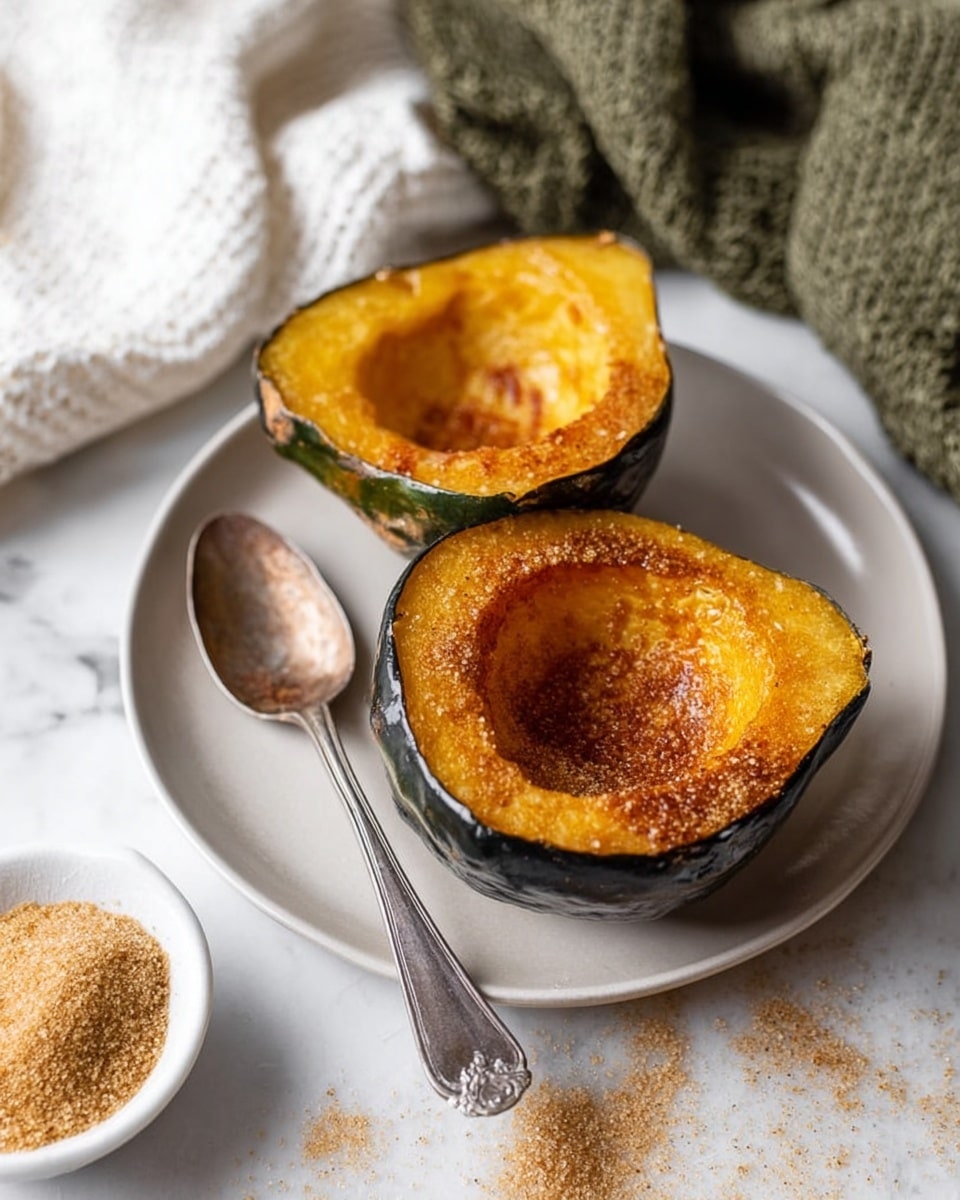 The image shows two halves of roasted acorn squash placed side by side on a simple white plate, each half with a shiny, caramelized orange-yellow inside that looks soft and slightly glossy, with a light sprinkle of brown cinnamon or spice on top. The squash's outer skin is dark green with a rough texture. A silver spoon with a vintage design rests next to the squash on the plate. There are crumbs scattered around, and in the foreground on the white marbled surface, a small white bowl holds some brown sugar. A woman's hand is not visible but implied by the spoon's position. The background features soft, knitted cloths in white and olive green. Photo taken with an iphone --ar 4:5 --v 7