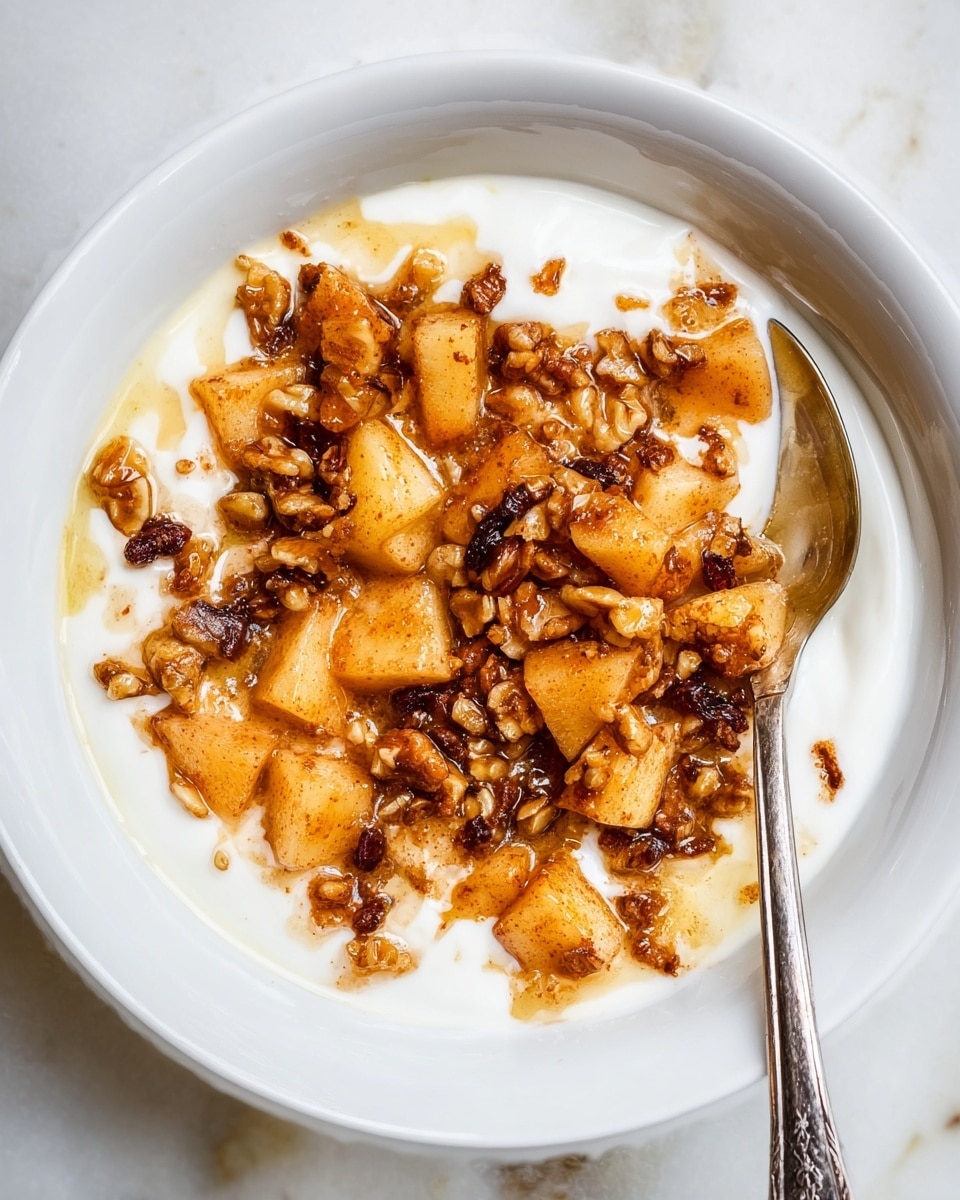 Two white bowls sit on a white marbled surface, each filled with smooth white yogurt as the base layer, topped on one side with small golden-brown cooked apple pieces coated in cinnamon and a drizzle of syrup, and sprinkled with chopped walnuts that add a rough texture. Nearby, there is a white bowl with more chopped walnuts, another small white dish holds bright orange cinnamon powder, and a container of Stonyfield Organic plain yogurt is visible with a white and green label. A striped cloth napkin and two silver spoons lie beside the bowls, photo taken with an iphone --ar 4:5 --v 7