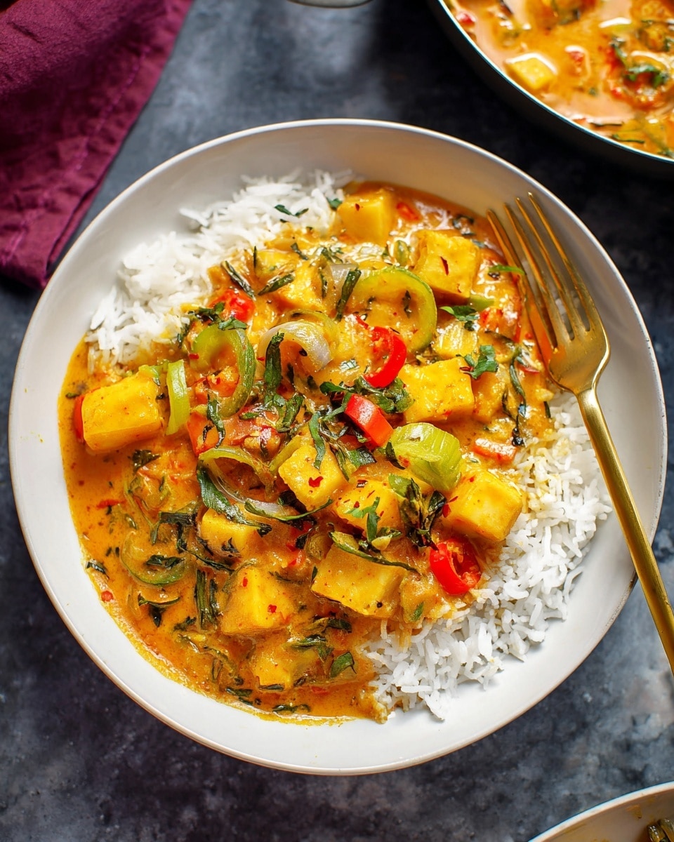A white bowl holds a dish with two main layers. The bottom layer is white cooked rice, fluffy in texture. On top, there is a thick orange curry sauce with yellow potato pieces, green sliced vegetables, small white cubes that look like tofu, and thin slices of red pepper. The curry is mixed with green herb leaves scattered on the top. The bowl is on a dark surface with a gold fork beside it, and a small part of a pan with more curry is visible in the top right corner. Photo taken with an iphone --ar 4:5 --v 7
