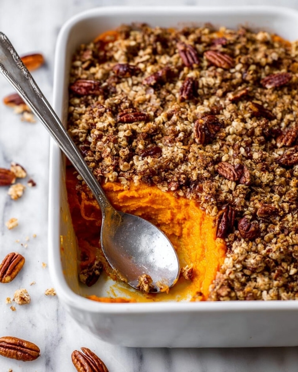 The image shows a white rectangular baking dish filled with a layered sweet potato casserole. The bottom layer is a smooth, bright orange mashed sweet potato filling. On top, there is a thick, uneven layer of crumbly topping made of golden-brown oats and dark brown pecan halves, giving it a crunchy texture. A silver spoon rests in the missing corner section of the dish, showing a scoop taken out to reveal the bright orange layer underneath. The dish is placed on a white marbled surface with some pecans scattered around. Photo taken with an iphone --ar 4:5 --v 7