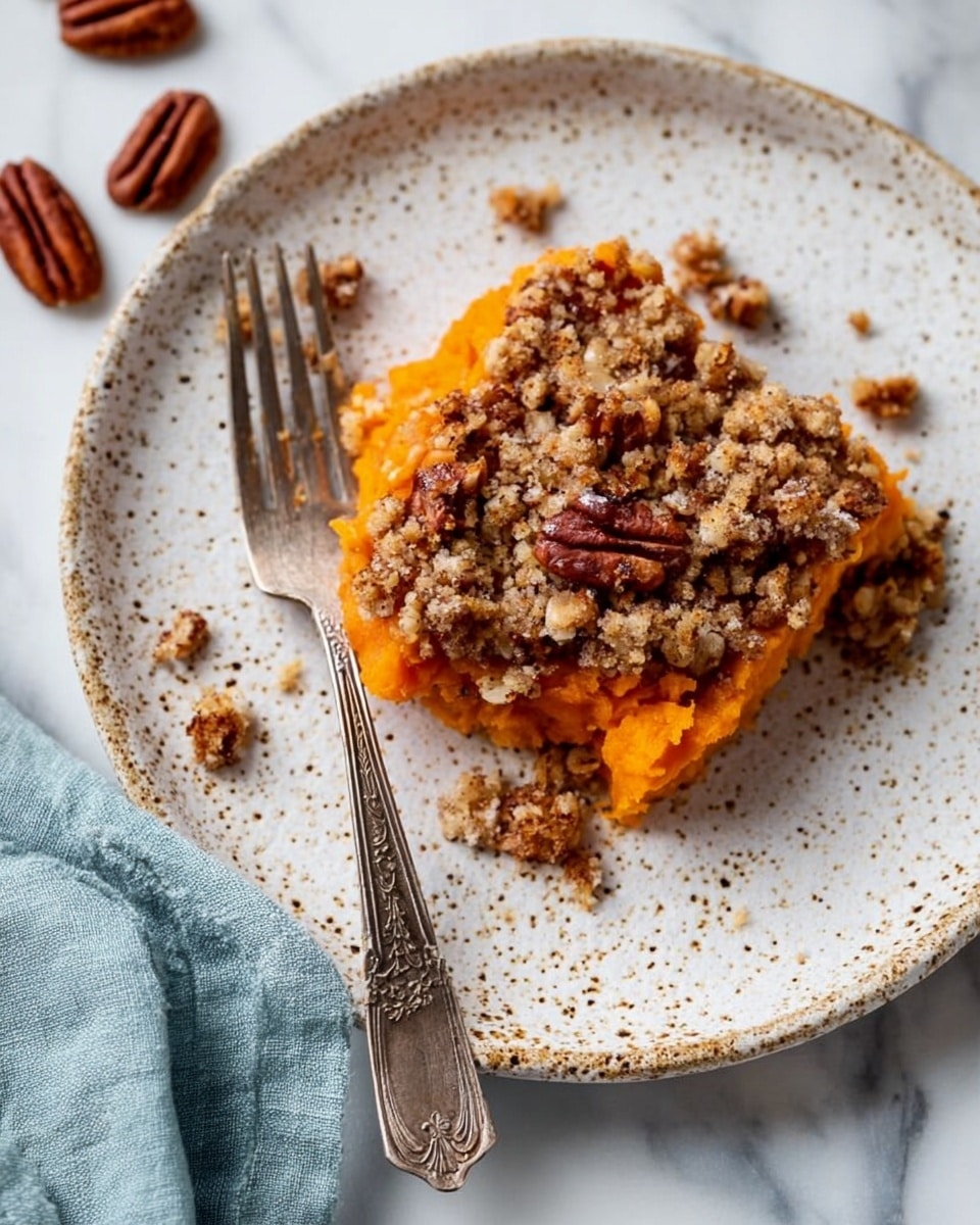 The image shows a small portion of bright orange sweet potato casserole on a speckled white plate, topped with a layer of crumbled oat and pecan streusel that looks crunchy and golden brown. The orange mashed sweet potatoes form the base layer, soft and smooth, while the streusel layer is uneven and textured with visible pecan halves. Beside the food, there is an antique silver fork resting on the plate. A few pecans are scattered on the white marbled surface around the plate, and a light blue cloth is partially visible in the corner. Photo taken with an iphone --ar 4:5 --v 7