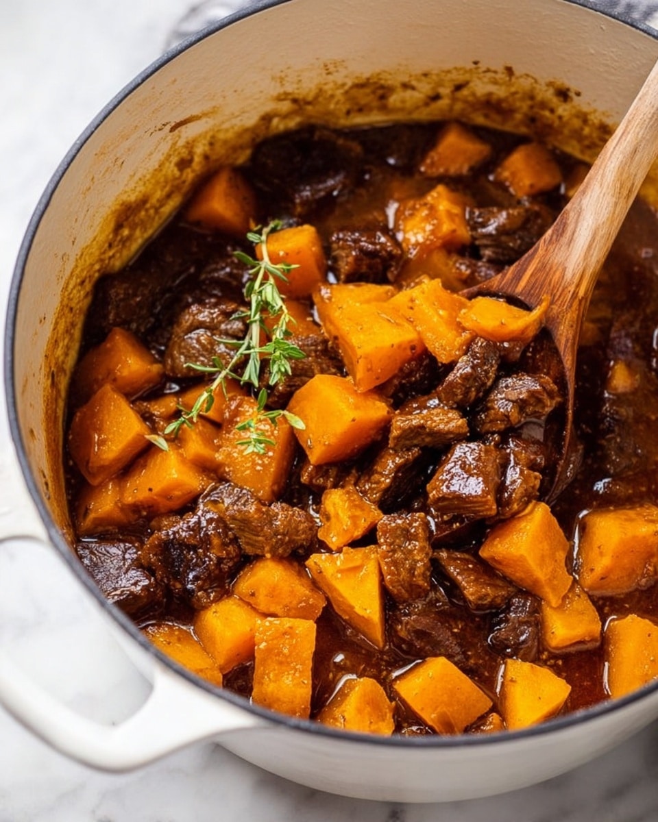 A white pot filled with a stew showing two main layers: the top layer has bright orange chunks of cooked vegetables, likely squash or sweet potatoes, and dark brown tender meat pieces scattered evenly, both covered with a rich, glossy brown sauce. A wooden spoon is partly dipped into the stew, lifting some meat and vegetables. On one side inside the pot, a sprig of green herb rests gently on the food. The pot sits on a white marbled surface. Photo taken with an iphone --ar 4:5 --v 7