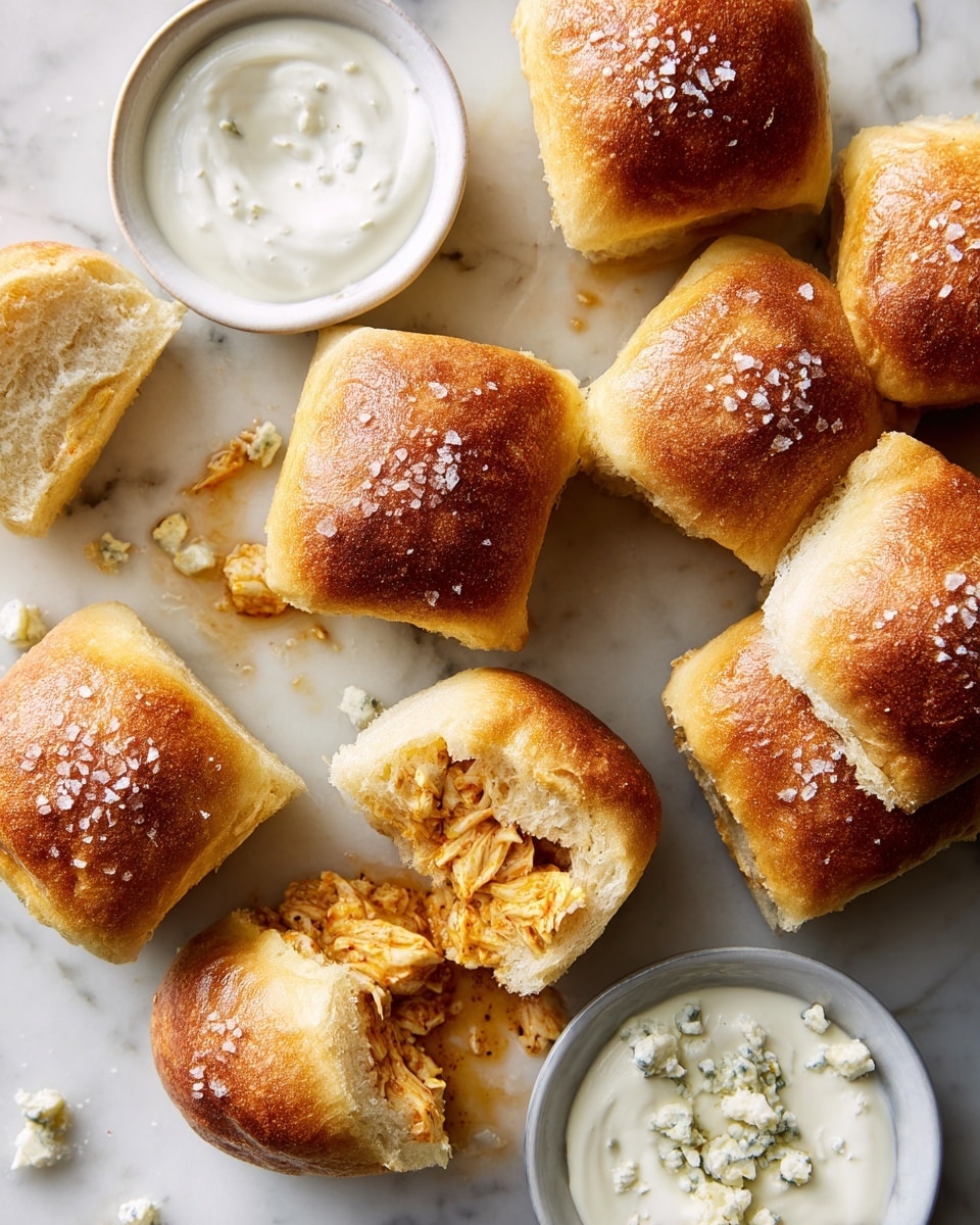 Several golden brown, soft bread rolls with a slightly crispy texture, sprinkled with coarse salt, are arranged on a white marbled surface. One roll is split open, showing a moist inside filled with shredded orange chicken and creamy white sauce leaking out. Two small white bowls with creamy white dipping sauces, one plain and the other with blue cheese bits, sit nearby. The photo taken with an iphone --ar 4:5 --v 7