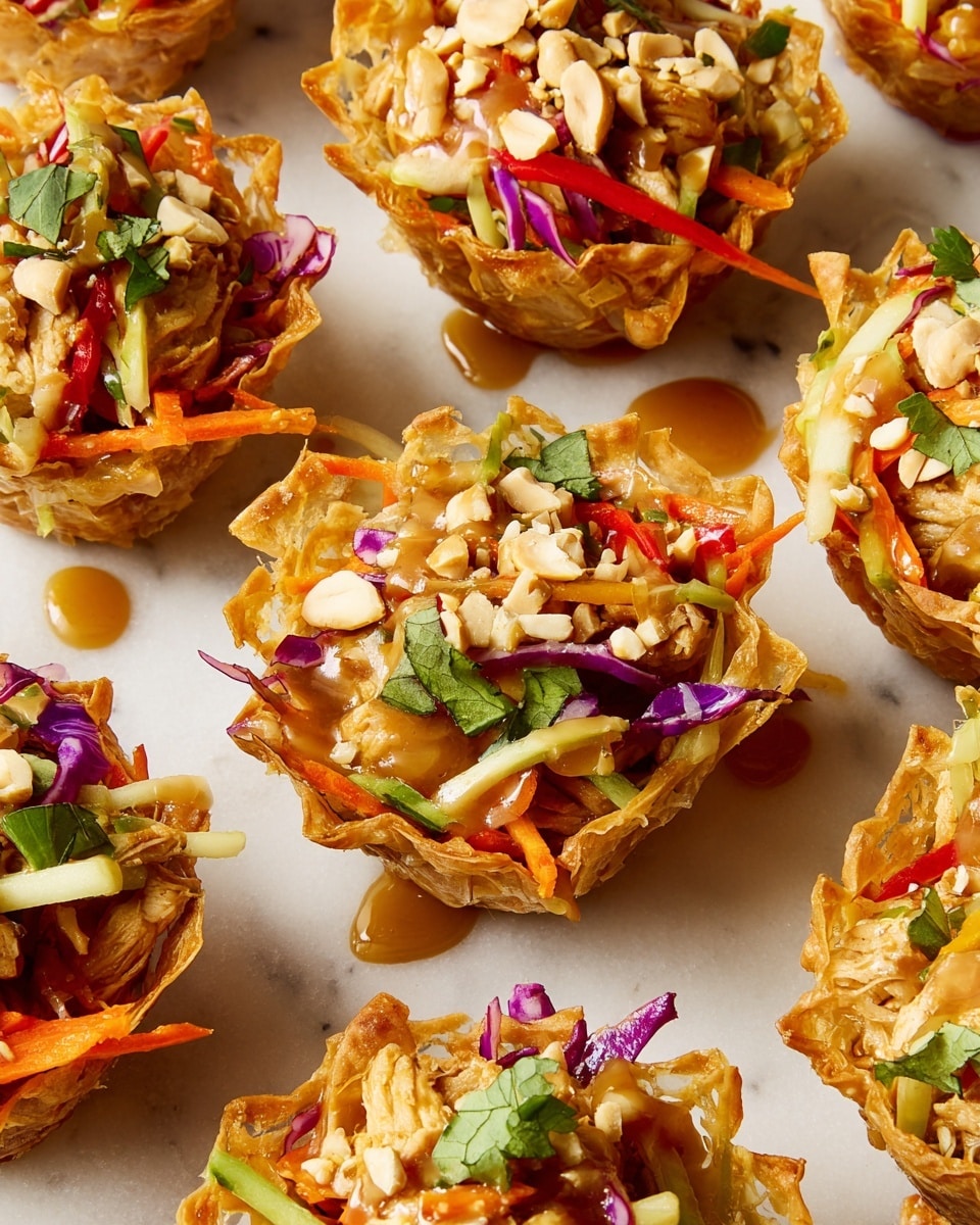 The image shows several crispy golden brown cups made from a thin, textured dough. Each cup is filled with a colorful mix of shredded vegetables including bright orange carrots, green celery, thin strips of red pepper, and purple cabbage. Small pieces of light brown cooked chicken are mixed in, topped with chopped nuts and fresh green herbs. A light brown sauce is drizzled over the fillings, some of it dripping onto the white marbled surface below. The cups are arranged closely together, filling the frame. Photo taken with an iphone --ar 4:5 --v 7
