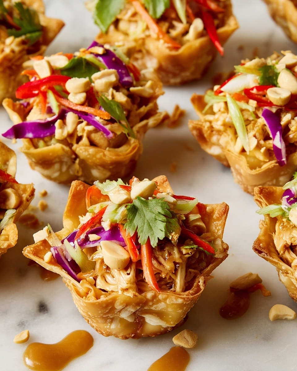 The image shows several small crispy wonton cups filled with colorful layers. The base layer is golden-brown crispy wonton forming a cup shape. Inside each cup, there is a mix of light beige shredded chicken and bright orange shredded carrot. On top, there are thin slices of red bell pepper, green cilantro leaves, and purple cabbage adding vibrant colors. The filling is drizzled with a light brown sauce and topped with chopped light beige peanuts. The cups are placed on a white marbled surface with some sauce spills around, highlighting the freshness and crunchiness of the dish. Photo taken with an iphone --ar 4:5 --v 7