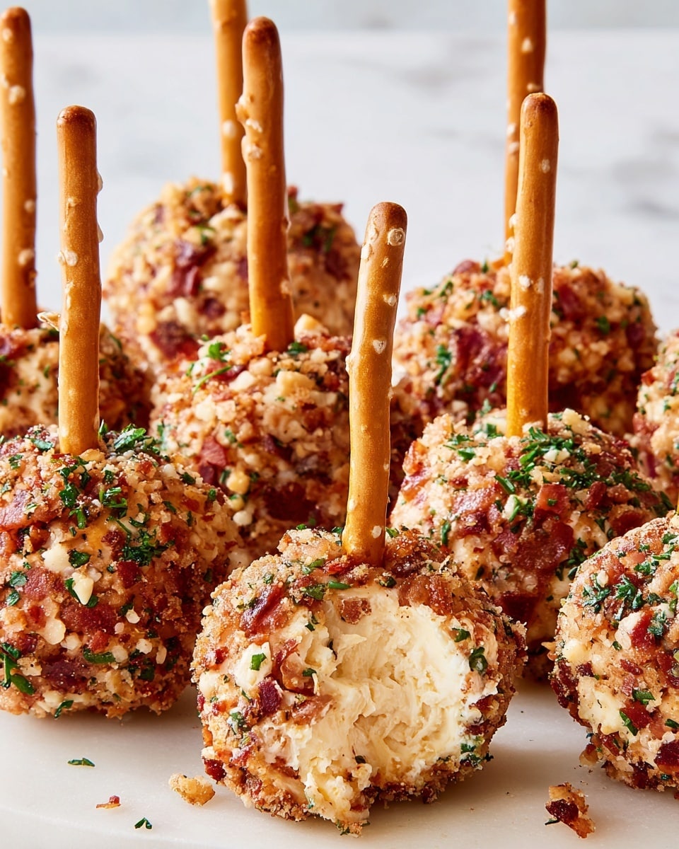A white plate holds sixteen small round cheese balls, each covered in a crunchy coating of finely chopped red bacon bits, green herbs, and light brown nuts. Each cheese ball has a thin, brown pretzel stick inserted vertically in the center, standing upright. One cheese ball is partially bitten, showing a soft, creamy pale yellow cheese inside beneath the textured outer layer. The plate is set on a white marbled surface with a stack of white plates visible in the background photo taken with an iphone --ar 4:5 --v 7