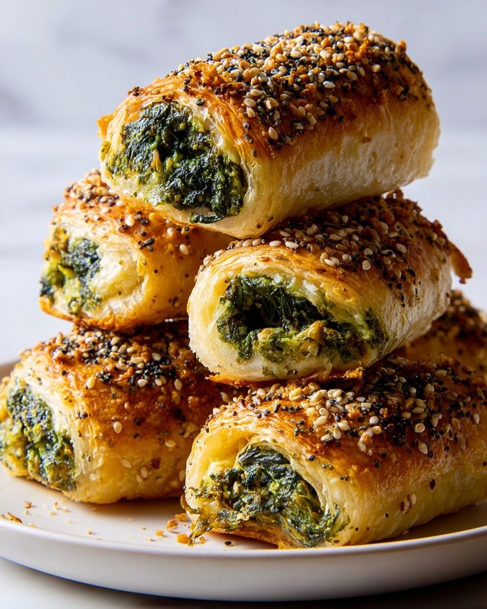 The image shows four golden brown pastry rolls stacked on a white plate with a white marbled background. Each roll has a flaky, slightly shiny crust covered with a mix of sesame seeds, poppy seeds, and small toasted bits, giving a crunchy texture on top. The rolls are filled with a vibrant green spinach mixture that appears soft and moist, slightly spilling out from the open ends. The pastry layers are visible, showing a soft and crumbly inside contrasted with the crispy outside. photo taken with an iphone --ar 4:5 --v 7
