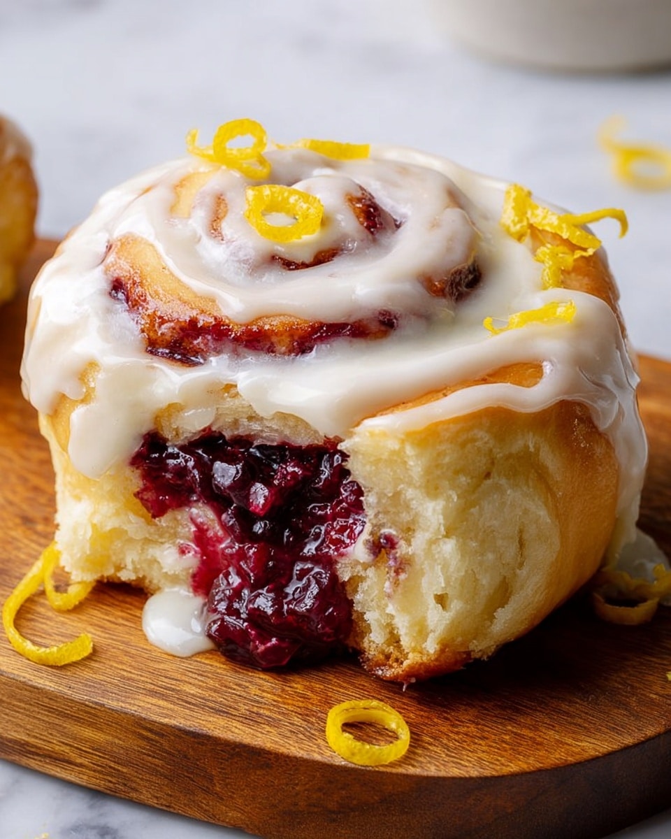 A black cast iron pan holds eight cinnamon rolls arranged closely in a circle, each roll showing swirled layers of golden-brown dough with bright red cranberry pieces peeking through evenly. The rolls are topped with a thick, creamy white icing that spreads smoothly and drips slightly onto the edges of the pan. Thin, vibrant yellow lemon zest curls are scattered over each roll, adding color contrast. The pan rests on a white cloth napkin placed on a white marbled surface. Photo taken with an iphone --ar 4:5 --v 7