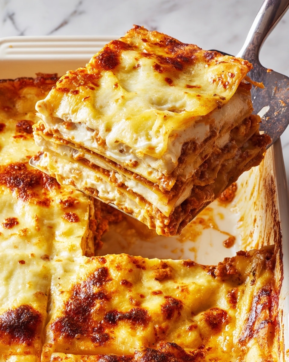 A close-up of a thick slice of lasagna being lifted from a white baking dish with a white marbled surface background. The lasagna has about seven visible layers: pale yellow pasta sheets alternate with rich, orange tomato-meat sauce and creamy white melted cheese. The top layer has browned melted cheese, some parts toasted golden brown, with a slightly bubbling texture. The edges of the pasta sheets are soft and slightly curled, and the sauce looks thick and chunky in places. Photo taken with an iphone --ar 4:5 --v 7