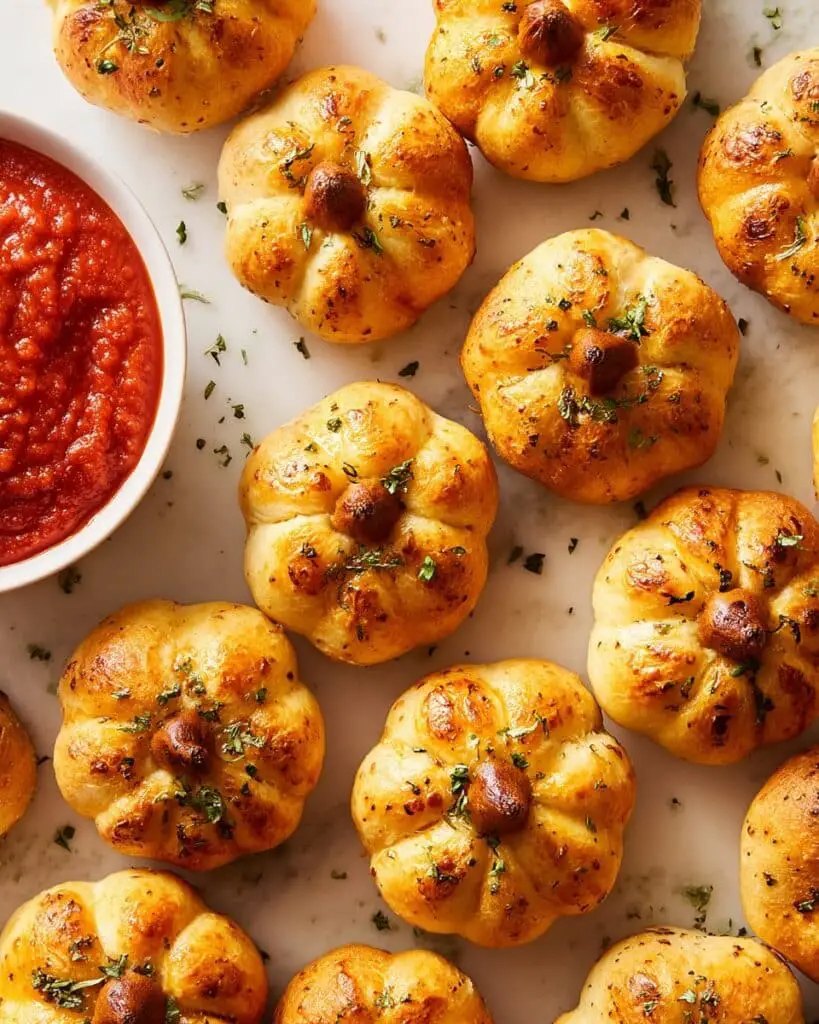 Pizza-Stuffed Pumpkin Bites with Garlic Butter and Pretzel Toppers Recipe