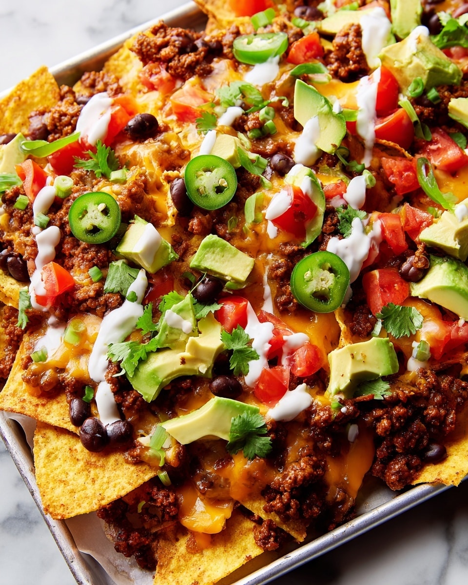 The image shows a close-up view of one layer of nachos on a white plate with a white marbled surface beneath. The base layer is made up of light golden yellow corn chips. On top, there is a layer of browned ground meat spread unevenly with small clumps. Melted yellow and white cheese is scattered across the chips, with some parts stringy and others pooled. Freshly cut green avocado chunks and red tomato pieces are placed in between, adding bright colors. There are also black beans and sliced green jalapeño peppers dotted throughout. Fresh green cilantro leaves and chopped green onions are sprinkled on the top. Thin white sauce lines drizzle over the whole dish, adding contrast. photo taken with an iphone --ar 4:5 --v 7