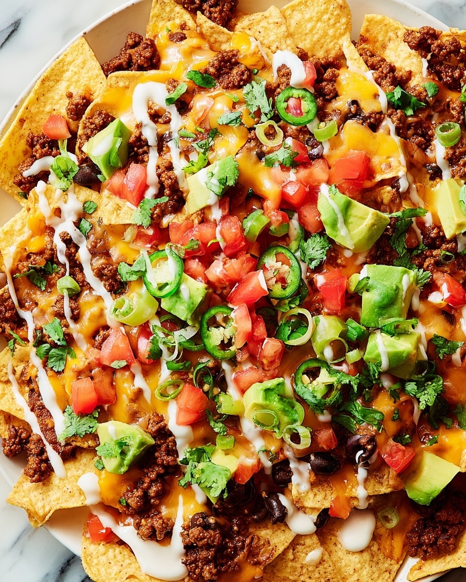A tray of nachos with multiple layers starts with a base of yellow corn tortilla chips, topped with browned ground meat and melted light orange and white cheese scattered evenly. On top, there are black beans, bright green slices of avocado, and chunks of red tomatoes, mixed with thin green onion pieces and sliced green jalapeños. White sour cream is drizzled across the dish along with some fresh green cilantro leaves, all served on a white marbled surface. photo taken with an iphone --ar 4:5 --v 7