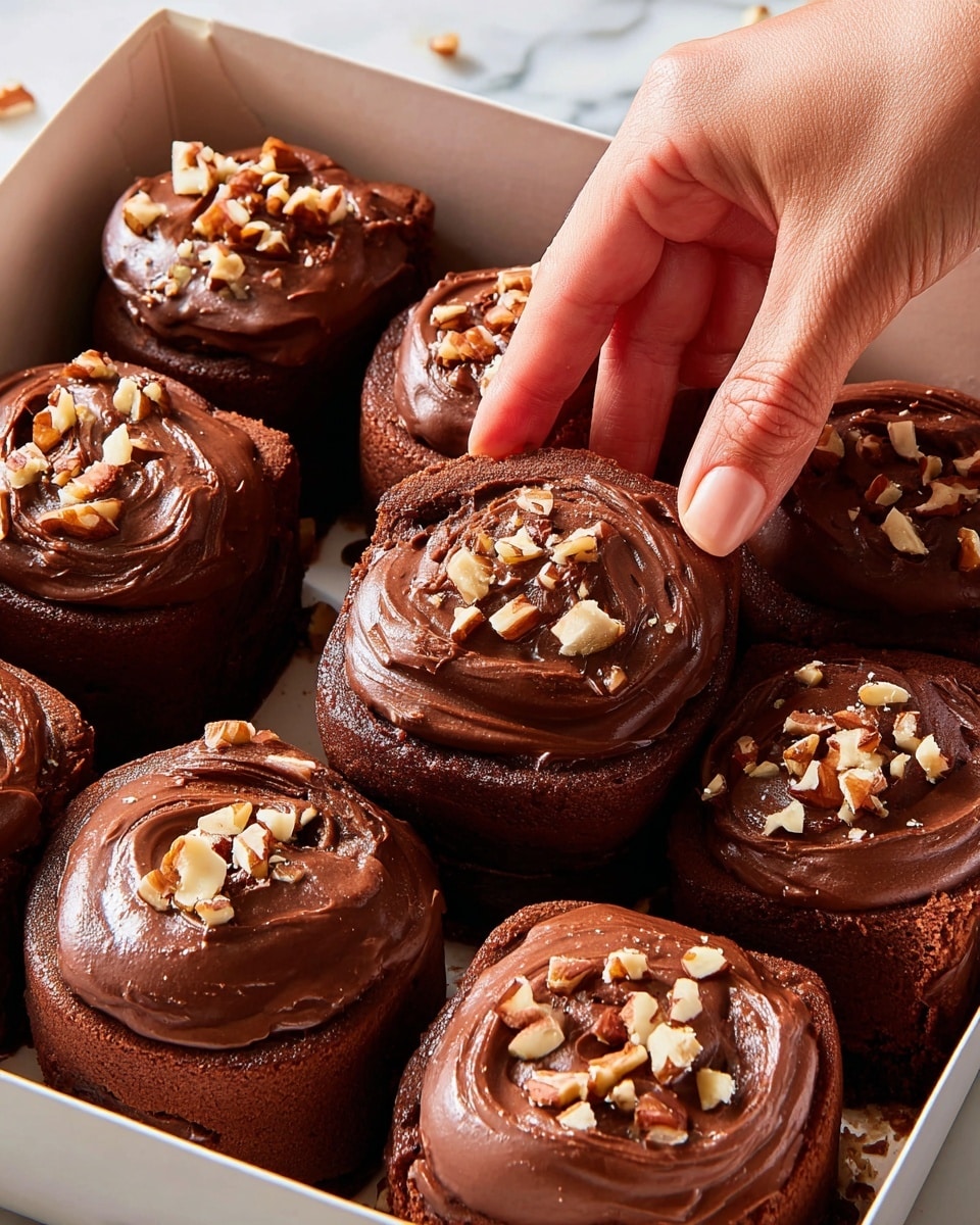 A close-up view of eight chocolate rolls arranged in a white box, each roll has two visible layers: a dark brown chocolate cake base and a thick, smooth, glossy chocolate frosting on top, garnished with small pieces of chopped nuts scattered evenly over the frosting. A woman's hand is gently picking up one roll from the top right corner, showing the soft texture of the cake and the shiny finish of the chocolate layer. The background is a white marbled surface. photo taken with an iphone --ar 4:5 --v 7