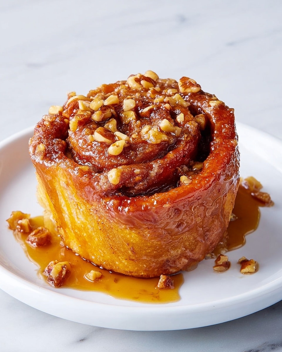 A single cinnamon roll sits on a white round plate placed on a white marbled surface. The roll has three visible layers, each thick and spiraled, showing a rich orange-brown dough with a glossy layer of sticky caramel sauce covering the top and sides. Small chopped nuts are sprinkled all over the sticky glaze, adding texture and making the surface uneven and chunky. A bit of caramel sauce has pooled around the base of the roll on the plate, adding a shiny, syrupy detail. Photo taken with an iphone --ar 4:5 --v 7