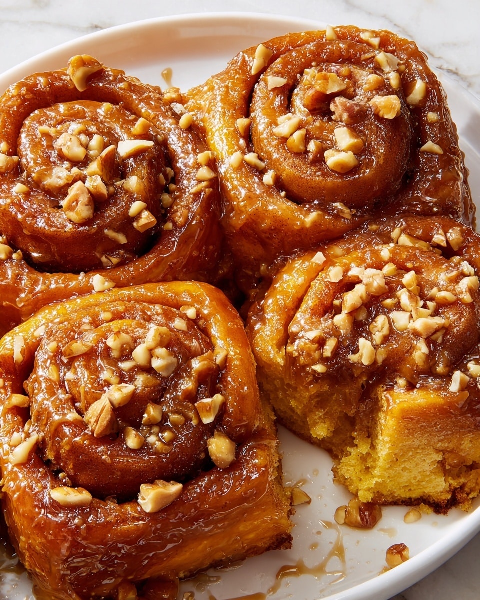 Close-up view of four sticky cinnamon rolls on a white plate, each roll made of soft golden dough spiraled tightly with a shiny, thick caramel glaze covering the top and sides. The glaze is studded with small, chopped light brown nuts spread evenly over the surface. The rolls are placed close together with one piece pulling apart at the bottom right, showing soft, moist inside layers soaked in the glaze. The plate sits on a white marbled texture. photo taken with an iphone --ar 4:5 --v 7