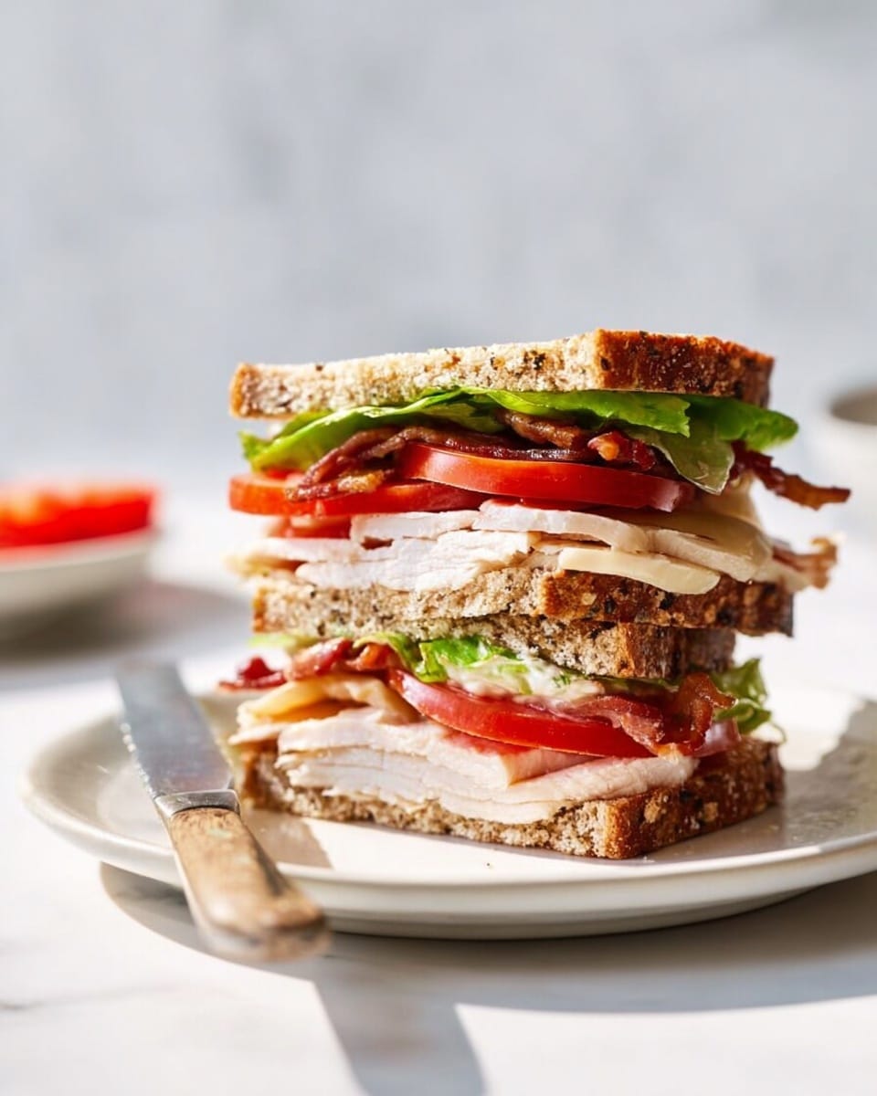A sandwich stacked in two layers sits on a white plate with a knife next to it. The bottom layer has a slice of toasted whole grain bread with visible seeds, topped with light-colored turkey slices and thick red tomato slices. Above that is another slice of the same toasted bread, then a layer of green lettuce and crisp brown bacon strips, followed by more turkey slices. The sandwich is open on one side, showing the layers clearly. The background is a white marbled surface with soft, natural lighting. photo taken with an iphone --ar 4:5 --v 7