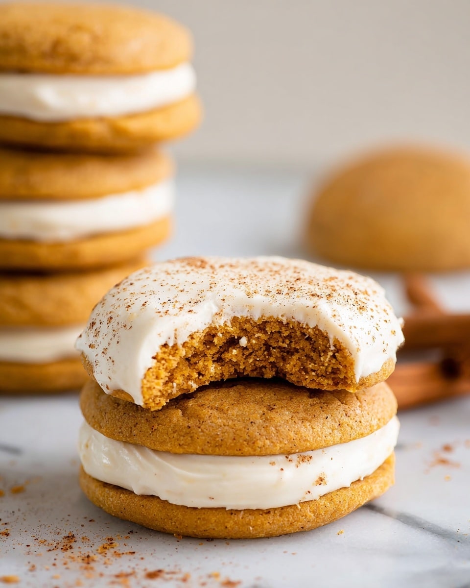 A close-up of a cookie sandwich with two soft, round, golden-brown cookie layers and a thick middle layer of white frosting. The top cookie has a bite taken out showing its slightly soft inside texture and is covered with a smooth, white frosting layer dusted lightly with brown spice powder. In the background are more of these cookie sandwiches stacked neatly on a white marbled surface with some cinnamon sticks visible, all under soft, natural light. photo taken with an iphone --ar 4:5 --v 7