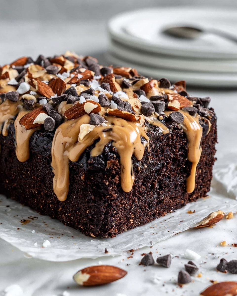 A square dark chocolate cake with a dense, rich texture as the base layer, topped with a thick drizzle of creamy peanut butter sauce flowing over the sides. On top, there are scattered whole and broken almonds, dark chocolate chips, and small white flakes, likely coconut or sea salt, adding texture and color contrast. The cake sits on a white marbled surface, with a white plate and a spoon visible blurred in the background. photo taken with an iphone --ar 4:5 --v 7