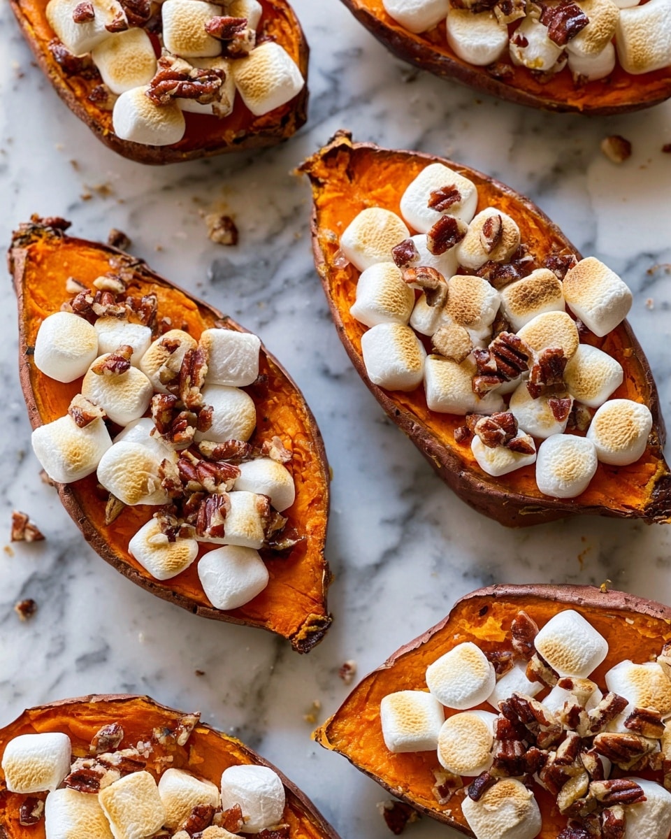 Four halves of baked sweet potatoes are placed on a white plate on a white marbled surface. Each sweet potato half has a rough, dark outer skin and bright orange soft flesh. The flesh is topped with two layers: the first layer is chopped pecans scattered unevenly, showing their dark brown color and texture; on top, the second layer is a group of toasted marshmallows, lightly browned on the tops, round and puffy, covering most of the pecans. The sweetness of the marshmallows contrasts with the nutty texture of the pecans and the soft orange sweet potato below. photo taken with an iphone --ar 4:5 --v 7