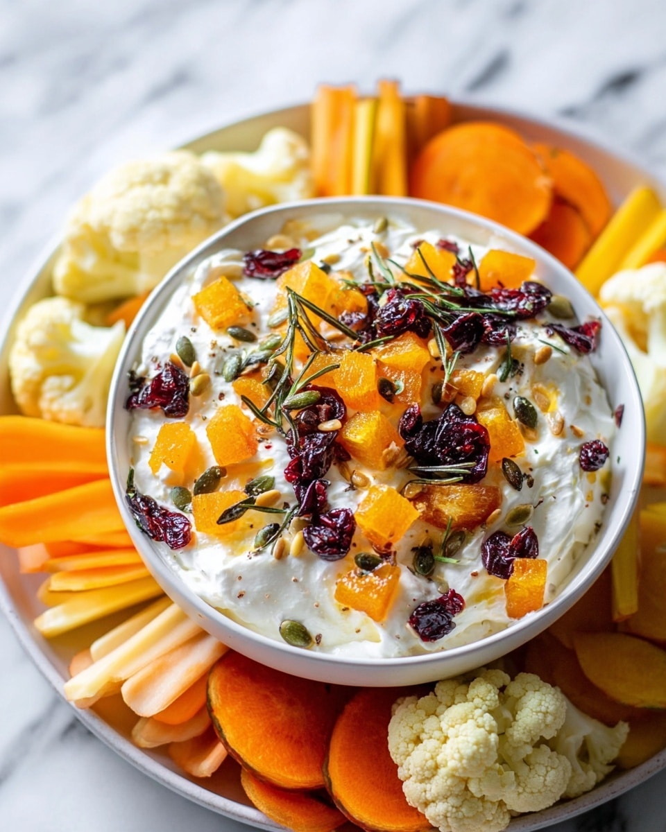 A white bowl filled with a smooth white creamy base is topped with three main layers: bright orange roasted sweet potato cubes scattered across, dark purple dried berries clumped on top, and light green pumpkin seeds sprinkled all around, along with a few thin green herb sprigs spread evenly. The bowl is placed on a white marbled surface surrounded by sliced raw orange carrots, round yellow beet slices, and small yellow cauliflower florets. photo taken with an iphone --ar 4:5 --v 7