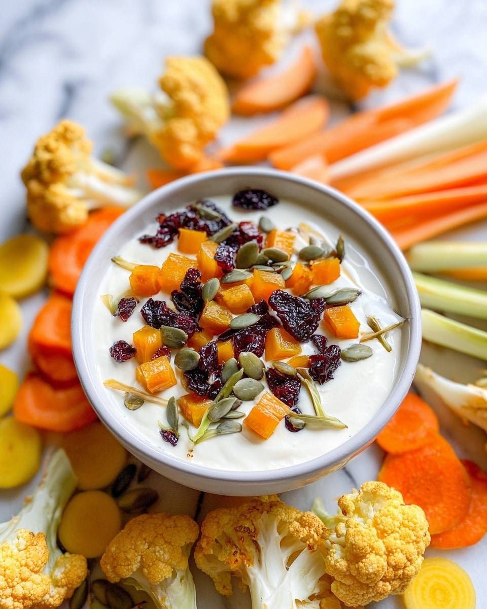 A white bowl filled with a creamy white base, topped with small orange cubes, dark dried cranberries, and green pumpkin seeds scattered evenly over the surface, along with small rosemary leaves. The bowl sits on a white plate surrounded by layers of sliced orange and yellow round vegetables, pale orange sticks, and small yellow cauliflower florets. The background is a white marbled surface. photo taken with an iphone --ar 4:5 --v 7