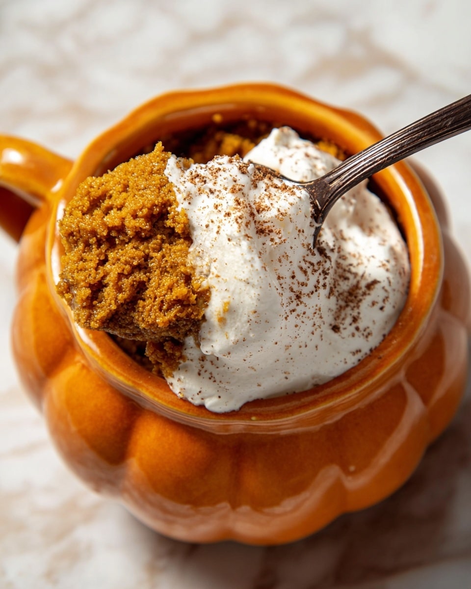 A close-up of a two-layer dessert in a small orange pumpkin-shaped bowl shows a thick textured golden brown crumbly layer on one side and a smooth white whipped cream layer with brown sprinkles on the other side, with a dark spoon scooping the crumbly topping, placed on a white marbled surface. photo taken with an iphone --ar 4:5 --v 7