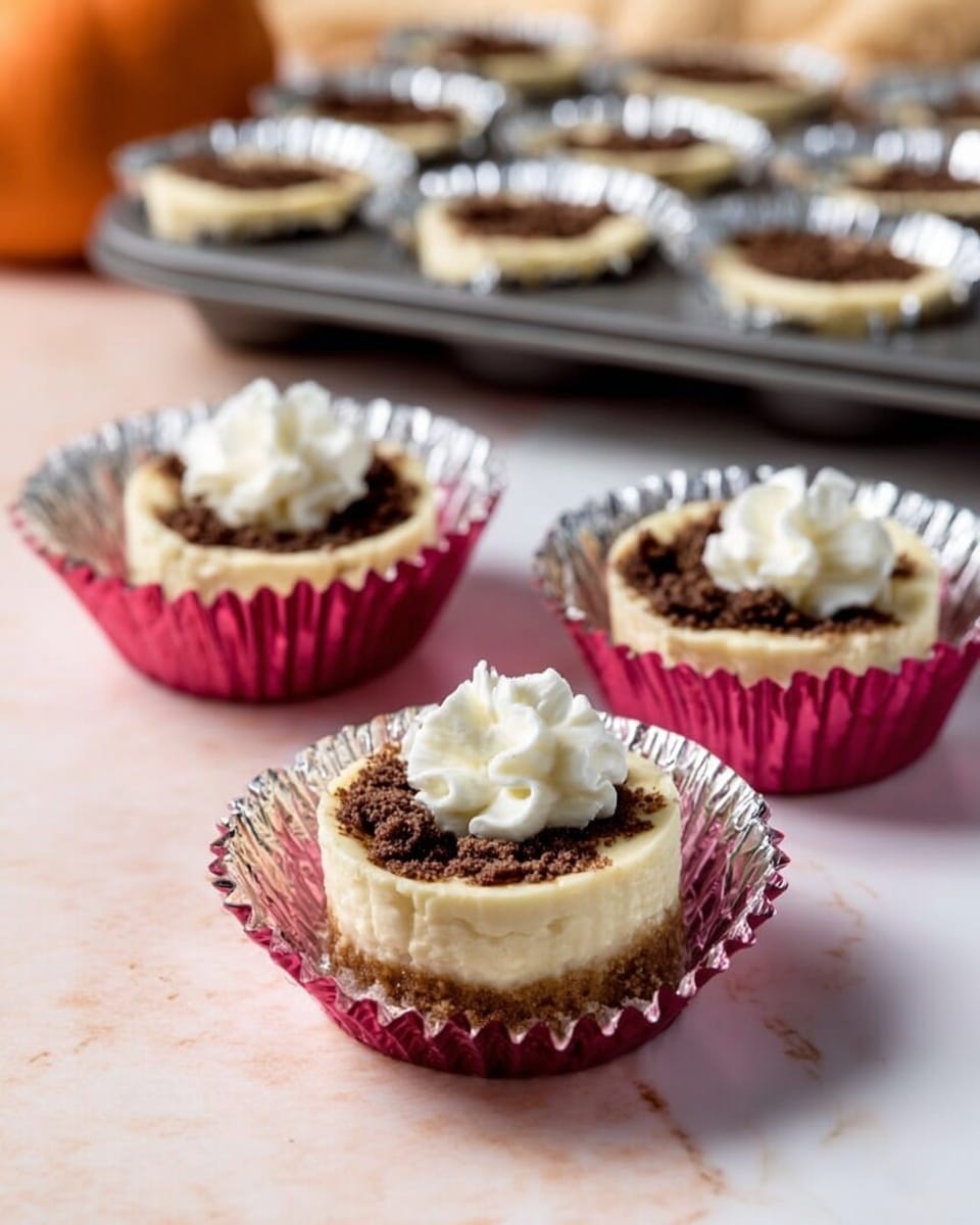 The image shows three small cheesecake bites sitting inside shiny pink and silver cupcake liners on a white marbled surface. Each cheesecake is light cream colored with a smooth texture and a slightly browned base at the bottom layer. On top of each cheesecake, there is a dark brown layer of crumbled topping or chocolate, and a small swirl of white whipped cream sits right in the middle of the dark layer. In the background, there is an out-of-focus pumpkin and a muffin tray holding more cheesecake bites in similar liners, all placed on the white marbled surface. photo taken with an iphone --ar 4:5 --v 7