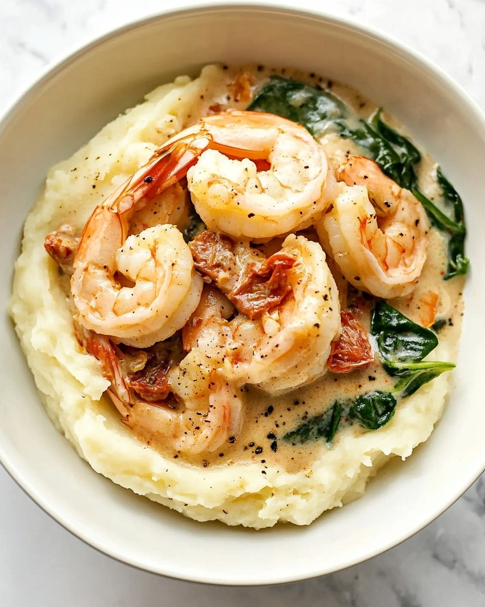 The dish shows many shrimp with a light orange-pink color in a creamy white sauce, which is thick and smooth. Mixed in are dark green spinach leaves and small pieces of reddish-brown sun-dried tomatoes scattered evenly. There are tiny specks of black pepper on the surface, adding texture. The shrimp are large, plump, and spread across the creamy sauce, filling the image fully on a white marbled background. photo taken with an iphone --ar 4:5 --v 6.1