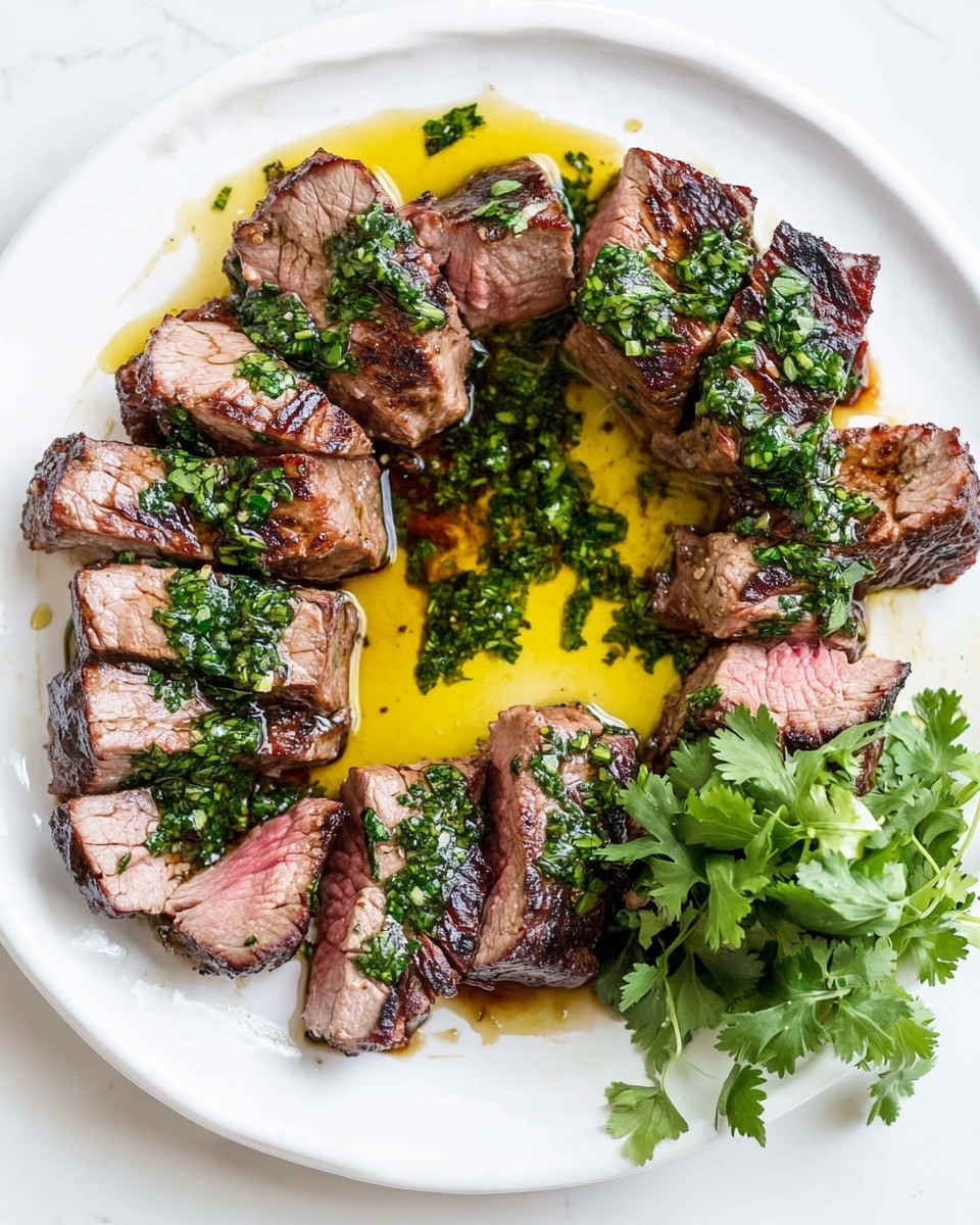 A white plate on a white marbled surface holds sliced grilled steak arranged in a wide arc, showing a pink center and a browned crust. Each steak slice is topped with a finely chopped green herb sauce. In the center of the plate, there is a pool of olive oil mixed with a darker balsamic glaze, creating an abstract pattern. A small bunch of fresh parsley lies to the right edge of the plate. To the left of the plate, an old-style silver fork and knife rest on the surface next to a beige cloth with fringed edges. Photo taken with an iphone --ar 4:5 --v 6.1