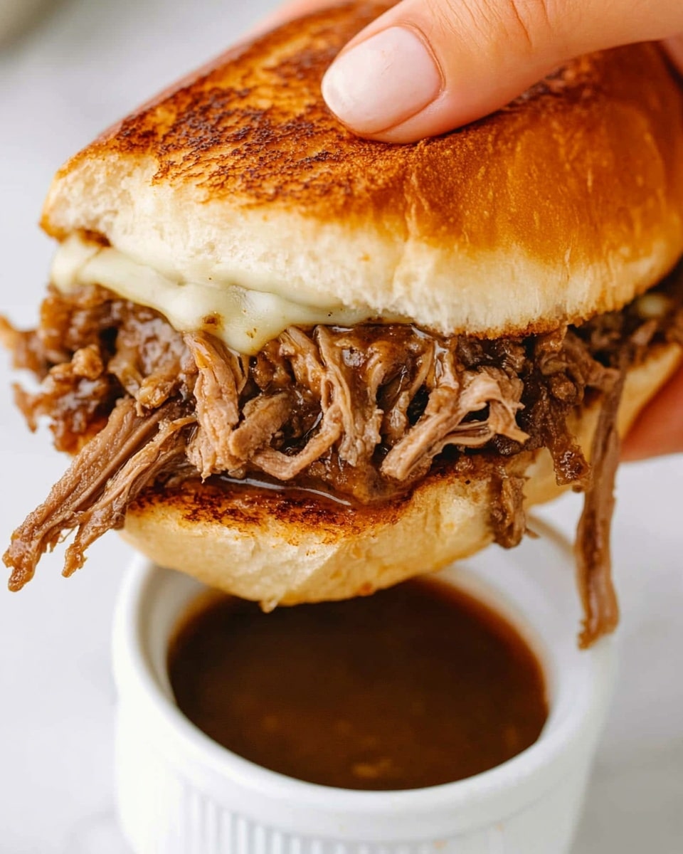 A close-up of a sandwich held by a woman's hand with golden toasted bread. Inside the sandwich, there is a layer of melted white cheese covering a thick mound of shredded brown meat with a slightly crispy texture. The sandwich is being dipped into a small white ramekin filled with dark brown au jus sauce. The background features a white marbled surface. photo taken with an iphone --ar 4:5 --v 6.1