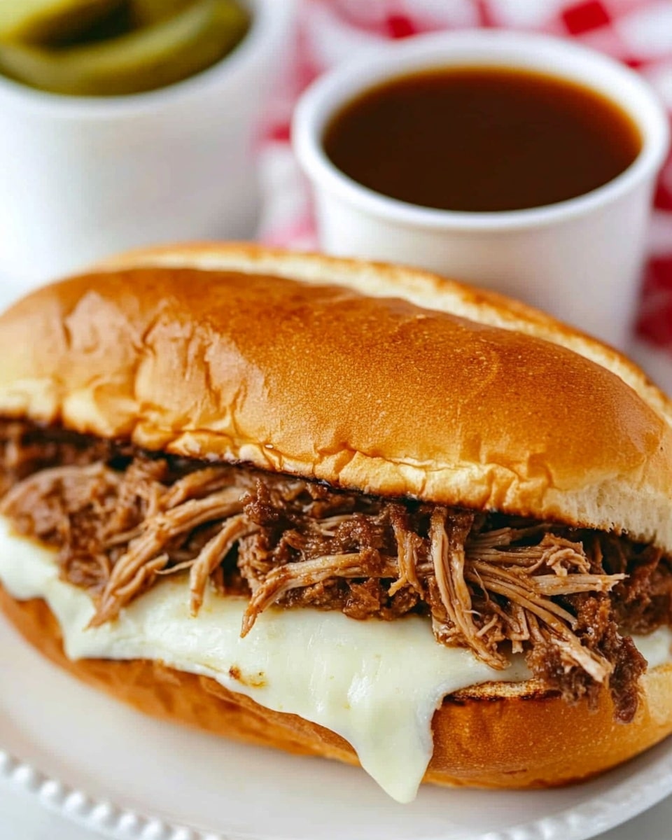 A close-up of a sandwich on a white plate with a white marbled textured background. The sandwich has a toasted, golden brown long bun, split open to show melted white cheese at the bottom layer, topped with a thick layer of shredded brown meat. Behind the sandwich, there is a white cup filled with dark brown liquid and some green pickles partially visible on the side. The scene is bright, with a red and white checkered cloth blurred in the background. Photo taken with an iphone --ar 4:5 --v 6.1