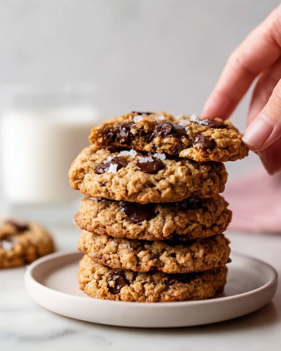 The image shows multiple oatmeal cookies with chocolate chips placed on white parchment paper over a white marbled surface. The cookies are golden brown with a rough, textured surface made up of oats and melted chocolate chips embedded throughout. One cookie in the center is slightly broken, revealing a soft, chewy inside with melted chocolate oozing from the cracks. Small flakes of sea salt are sprinkled on top of the cookies, adding a hint of sparkle against the warm-toned cookie base. Photo taken with an iphone --ar 4:5 --v 7