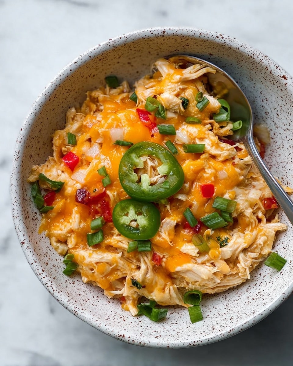 The image shows a white speckled bowl filled with a mix of shredded chicken, melted orange cheese, diced red bell peppers, chopped green onions, and slices of jalapeño peppers. The chicken appears tender and light in color, while the cheese is melted unevenly on top, creating a smooth, shiny layer. The diced vegetables are scattered evenly through the dish, adding brightness with red, green, and white hues. A metal spoon rests inside the bowl, and the background is a white marbled surface. photo taken with an iphone --ar 4:5 --v 7