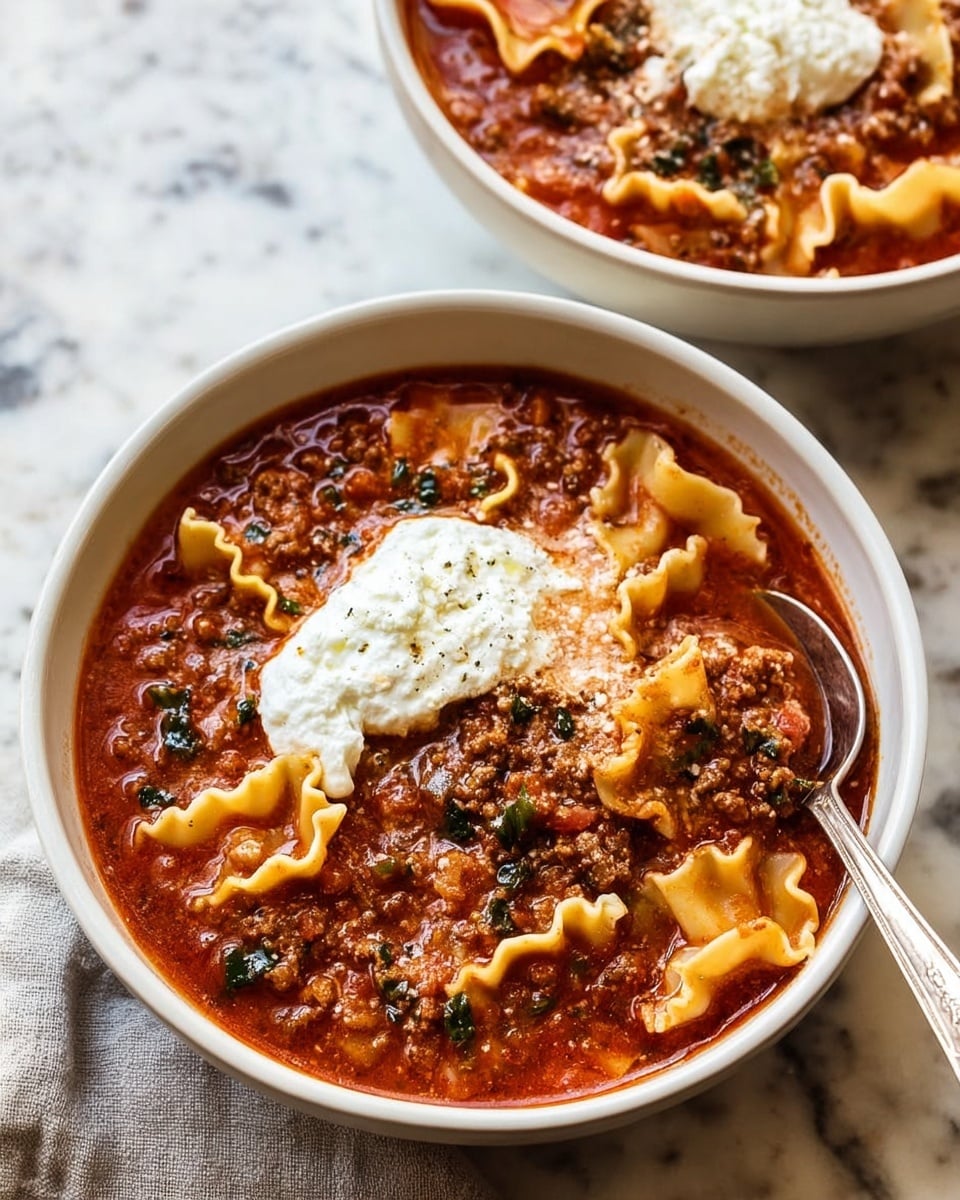 A white bowl filled with a rich red tomato soup containing pieces of ground meat and dark green spinach leaves. Wavy-edged lasagna noodles float on top, arranged in a loose circle. In the center, there is a dollop of creamy white ricotta cheese with a slightly crumbly texture. The bowl rests on a white marbled surface with some scattered bits of cheese around. Another white bowl with the same soup is partially visible in the background. Photo taken with an iphone --ar 4:5 --v 7