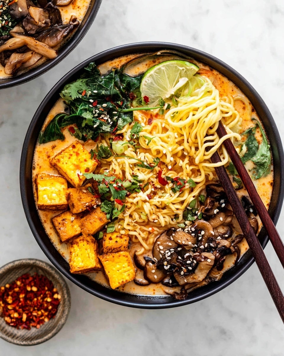 A white bowl filled with a creamy light orange broth serves as the base of this dish. On top, the first layer is golden tofu cubes placed on one side, with green leafy vegetables nearby. The second layer shows cooked brown mushrooms with a slightly shiny texture, sprinkled with white and black sesame seeds. The third layer has yellow noodles lifted by brown chopsticks held by a woman's hand, sprinkled with black sesame seeds and red chili flakes. A bright green lime wedge rests on the edge of the bowl, adding a fresh pop of color. The bowl is set on a white marbled surface with a small wooden bowl of crushed red chili flakes in the background. Photo taken with an iphone --ar 4:5 --v 7