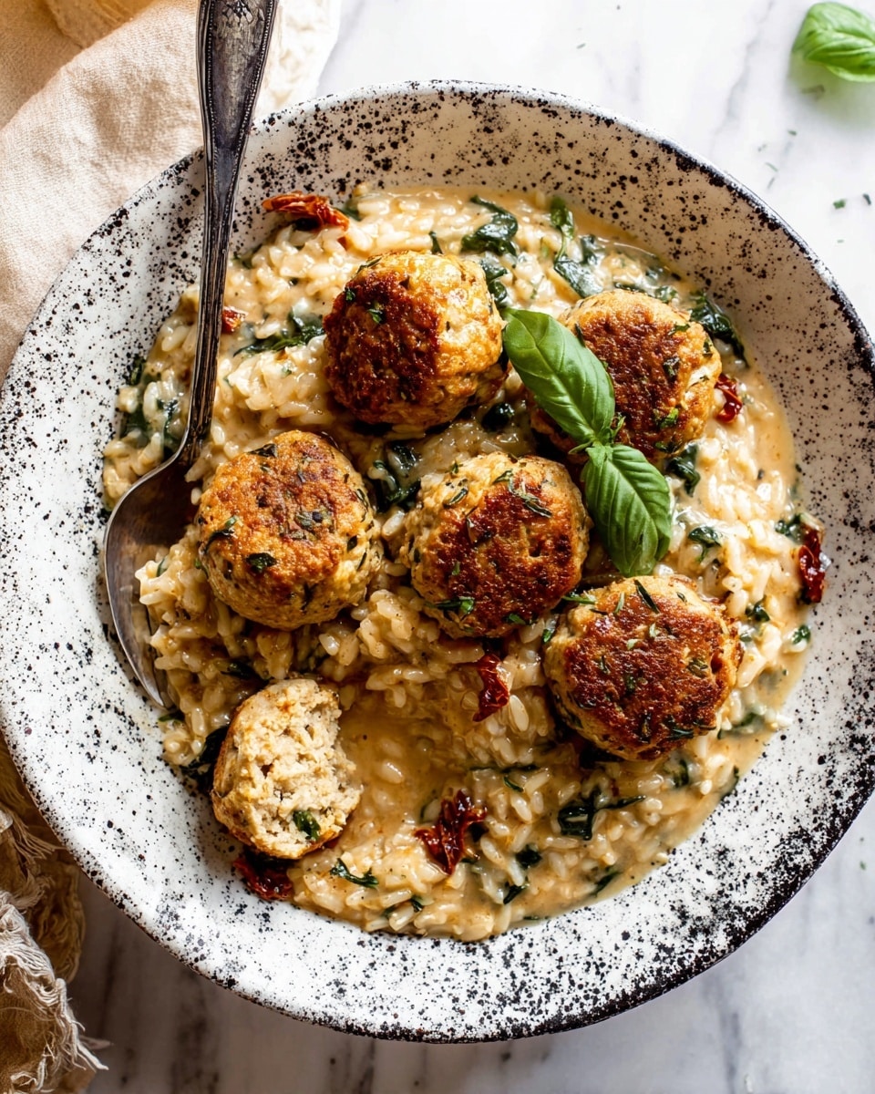 A white speckled bowl holds a creamy risotto base mixed with green leafy herbs and small orange pieces, forming the first layer with a smooth and slightly glossy texture. On top are five golden brown, round meatballs, each speckled with herbs and spices, arranged in a scattered pattern across the risotto. The dish is garnished with two fresh green basil leaves, adding a pop of bright green color. A silver spoon and fork rest on the left side, dipping slightly into the risotto. The bowl sits on a white marbled surface, with soft light highlighting the textures. Photo taken with an iphone --ar 4:5 --v 7