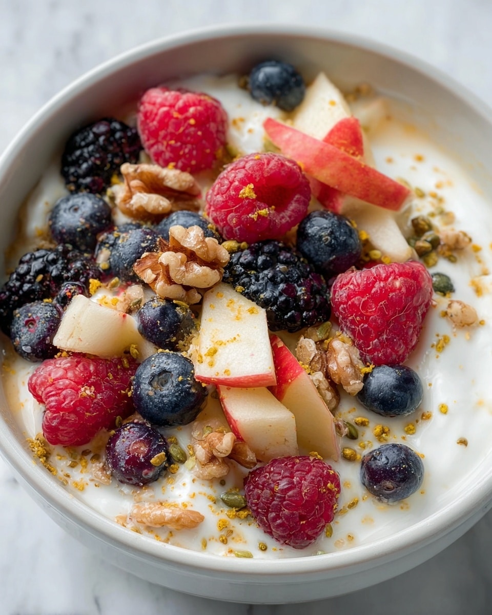 Two white bowls sit on a white marbled surface, each filled with a creamy white yogurt base. On top, there are several layers of fresh fruit and nuts: bright red apple chunks, dark blue blueberries, deep red raspberries, and black blackberries. Scattered between the fruit are light brown walnut pieces and small yellow bee pollen granules. A silver spoon with a cream-colored handle rests inside the bottom bowl, slightly scooping some yogurt and fruit. A few raspberries and blueberries are placed near the bowls on the surface. The photo taken with an iphone --ar 4:5 --v 7