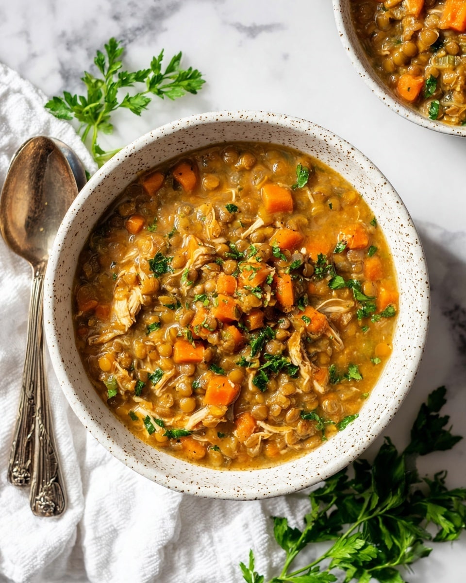 The image shows a white speckled bowl filled with a thick stew that has three main layers visible: the base layer is a light brown broth, the middle layer is a mix of brown lentils and shredded light tan chicken, and the top layer has bright orange carrot chunks and small green herbs scattered for garnish. The bowl sits on a white marbled surface next to two vintage silver spoons resting on a white cloth. There is also some fresh green parsley placed around the bowl. photo taken with an iphone --ar 4:5 --v 7