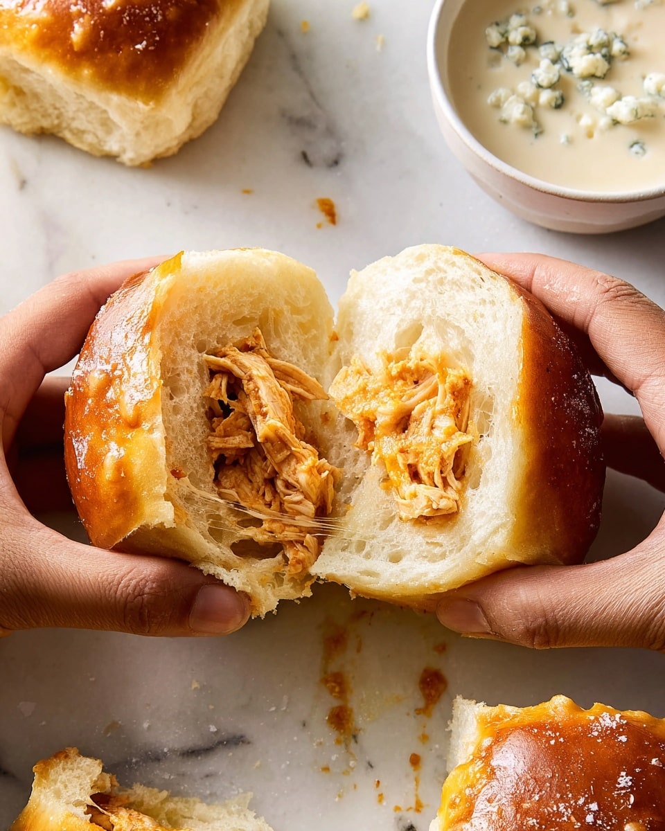 A pair of hands pull apart a golden brown bread roll showing two layers inside: a soft, fluffy white dough outer layer and an inner filling of shredded, light orange chicken mixed with melted cheese stretching slightly between the two halves. Around the bread roll, there are visible flakes of coarse salt on a white marbled surface. In the background, a white bowl holds a creamy, light-colored sauce with small blue cheese chunks. Parts of other bread rolls appear at the edges of the image. Photo taken with an iphone --ar 4:5 --v 7