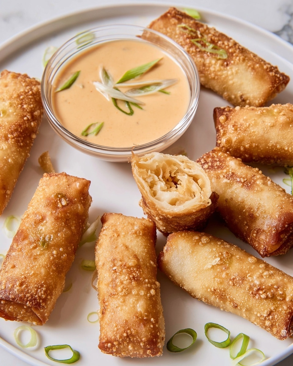 A close-up of several golden brown crispy fried pieces with a rough, bubbly texture arranged around a clear glass bowl filled with a light creamy dip, topped with slices of green onion. A woman's hand is dipping one piece into the smooth sauce, showing the inside filled with a creamy white filling. All are placed on a white plate on a white marbled surface. photo taken with an iphone --ar 4:5 --v 7