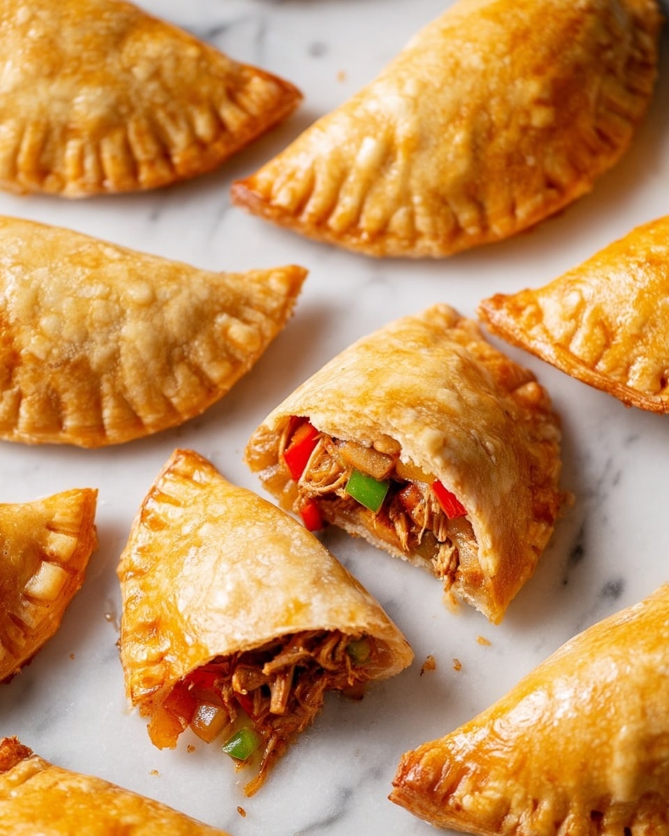 Several golden brown empanadas with a shiny, flaky crust are arranged on a white marbled surface. One empanada is broken open, showing the colorful filling inside that has layers of shredded meat, bright red and green bell peppers, and small bits of cooked onions. The layers are packed inside the semi-circle shaped pastry, with the crimped edges clearly visible, creating a textured border. The lighting highlights the crispiness and slight gloss on the pastry crust. photo taken with an iphone --ar 4:5 --v 7