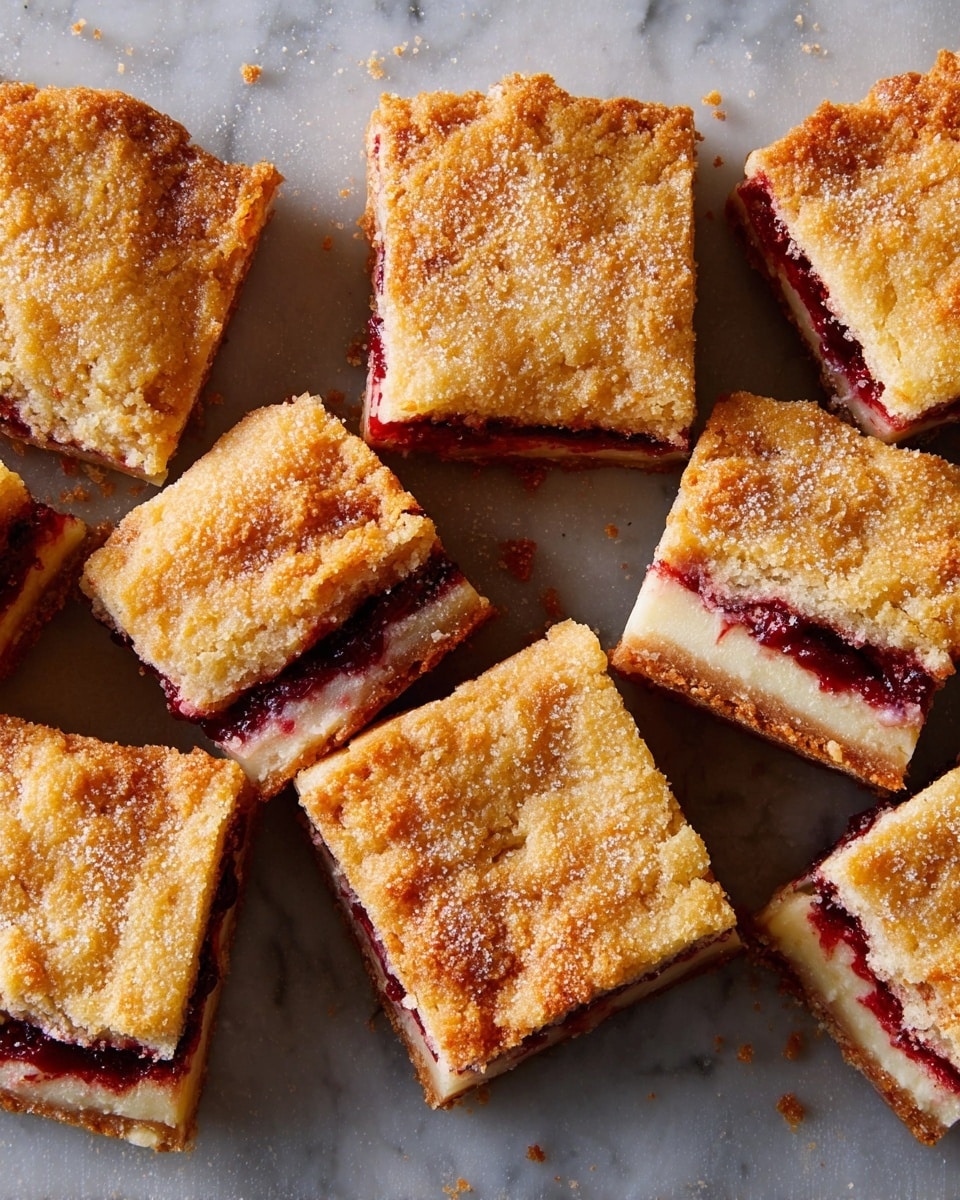 The image shows a close-up of a stack of layered bars with three visible layers. The bottom and top layers are light golden-brown and have a soft, crumbly texture with a sprinkle of sugar on top. The middle layer is thick and creamy white, which appears smooth and rich. Between the creamy layer and the top crust, there is a vibrant, deep red fruit layer that is juicy and slightly oozing out, adding a glossy look with some visible fruit pieces. The bars are stacked on each other, and the image captures the melting red fruit filling dripping slightly off the edges. The background is a white marbled texture. Photo taken with an iphone --ar 4:5 --v 7